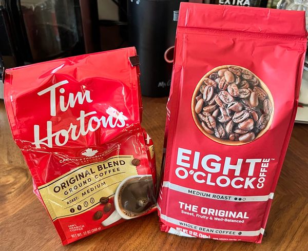 Bags of Tim Horton's original blend ground coffee • Eight O'Clock coffee medium roast whole bean coffee