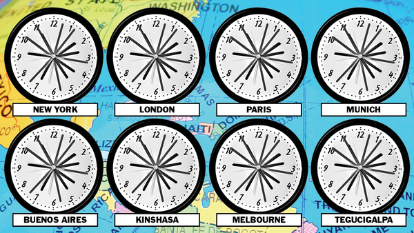 CLOCKS WITH CONFUSING MULTIPLE HANDS FAILING TO DISPLAY THE ACCURATE TIME IN NEW YORK - LONDON - PARIS - MUNIC
