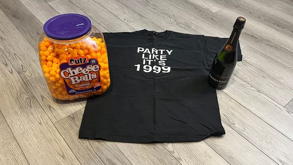 My PATY LIKE IT'S 19(9 t-shirt, a bottle of bubbly, and a big thing of UTS CHEESE BALLS. Happy New Year!