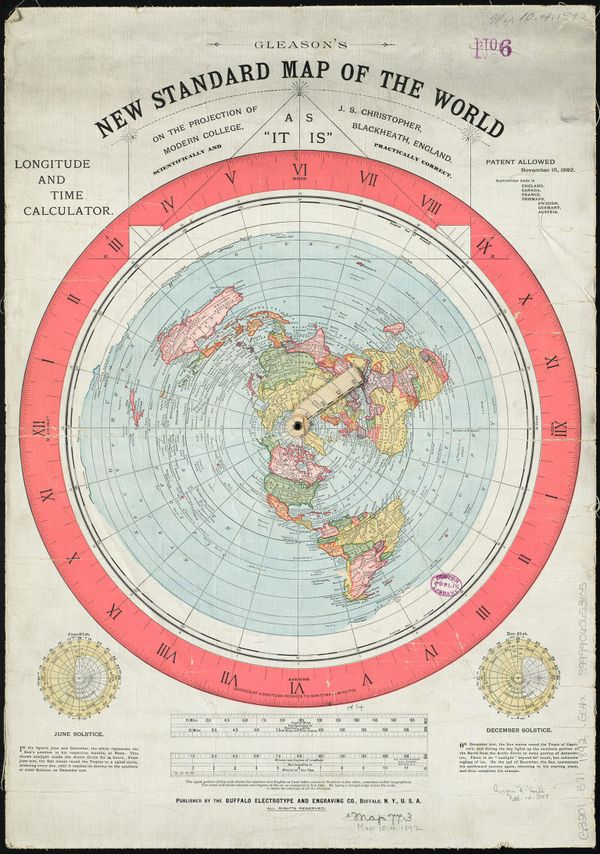 LONGITUDE AND TIME CALCULATOR. GLEASON'S NEW STANDARD MAP OF THE WORLD ON THE PROJECTION OF J. S. CHRISTOPHER, MODERN COLLEGE, BLACKHEATH, ENGLAND. SCIENTIFICALLY AND PRACTICALLY CORRECT.
