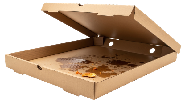 An empty greasy pizza box