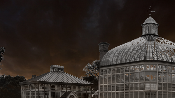 Exterior view of an ornate greenhouse at night