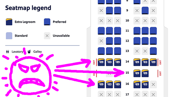 A seat map from Southwest airlines and a frowny face arrows pointing at $89-extra legroom in the emergency rows