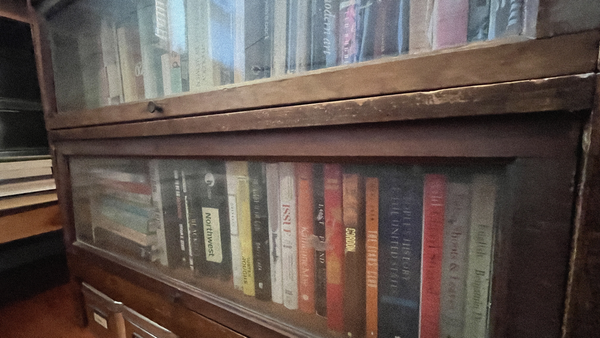 Glass-paned bookshelves