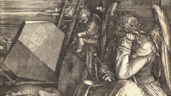 The winged personification of Melancholy, seated dejectedly with her head resting on her hand, holds a caliper and is surrounded by other tools associated with geometry...