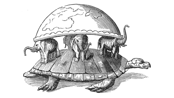 Line art of a turtle holding up four elephants holding up a half-dome of the Earth.