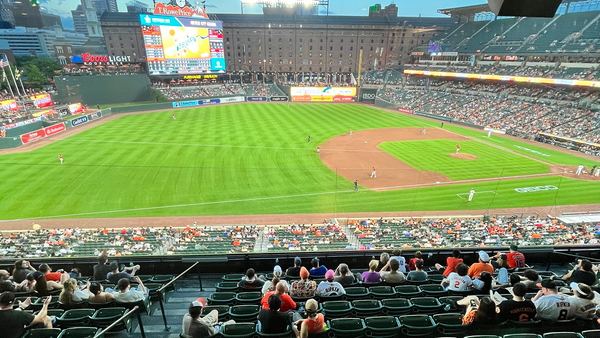A view of the field at Oriole Park at Camden Yards (nobody calls it that) from the 200 "clubhouse" level, which you can sneak into sometimes, I've heard..