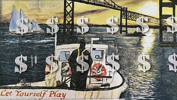 Detail of an item that will be revealed below! A painting of a person piloting a small commercial fishing boat with a rising sun in the background silhouetting a bridge
