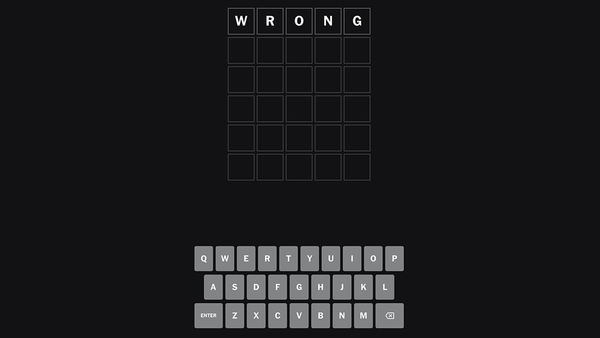 The Wordle puzzle interface with the first five-letter guess: WRONG