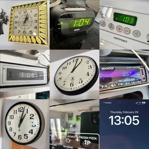 Clocks mentioned in today's column, displaying times a minute or two off 1:03pm