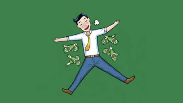 Cartoon of man in business slacks and shirt with loosened necktie on his back surrounded by beer bottles