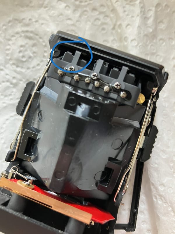 Nikon F3 viewfinder with the top cover taken off.