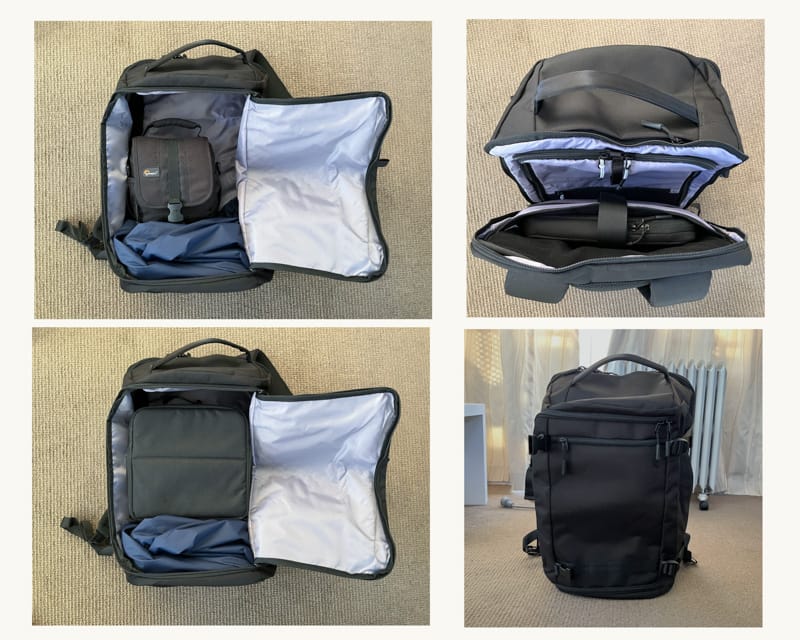 Small LowePro bag and Tenba insert packed inside Tomtoc T-67 backpack.