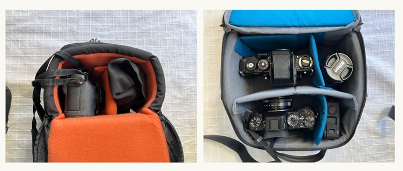 How I pack camera gear now. Small LowePro bag vs medium size Tenba insert.