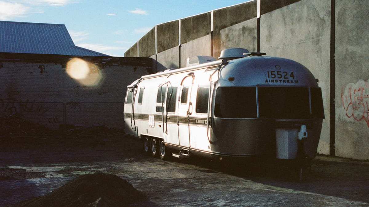 A caravan at sunset on Portra 400.