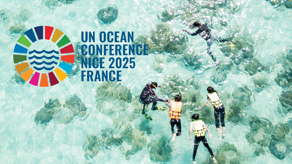 UN Ocean conference 2025, Nice, France. Over images of people snorkelling in clear shallow water over sand and rocks 