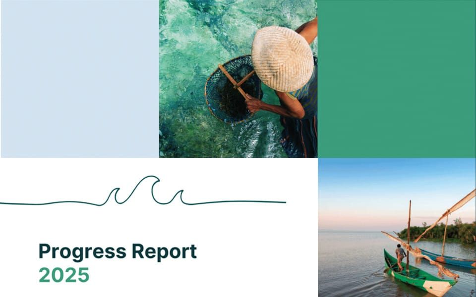 Progress Report 2025 cover graphic of ocean wave and people on small boats and collecting shellfish