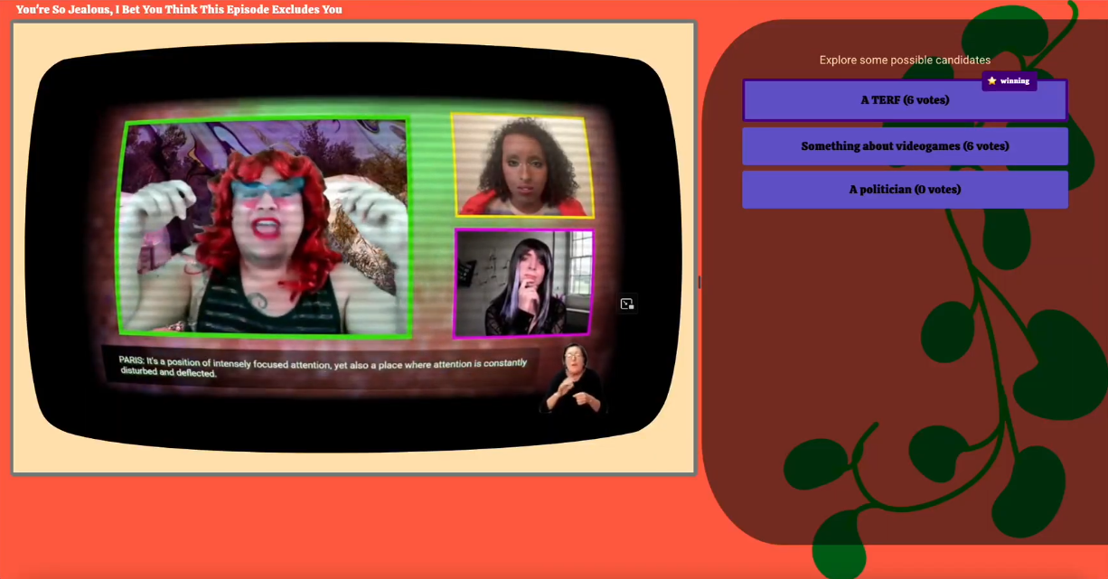 Interface resembling an orange CRT TV with a green plant hanging down the side. The screen shows a psychedelic green and red swirling background and video feeds of a diverse cast of characters. A BSL interpreter is visible. On the right, the audience interface says "Explore some possible candidates" with three options: "a TERF" "Something about videogames" and "A politician"