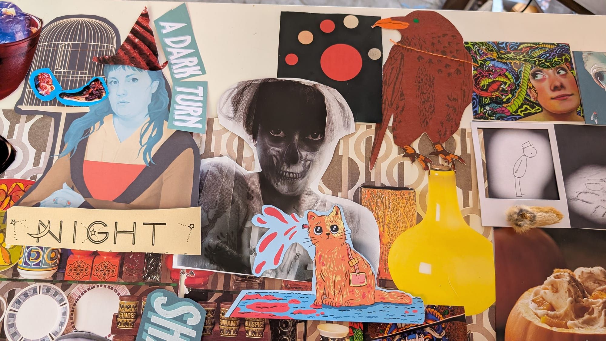 Collage with cut-outs from books and magazines, including a skeletal figure in lace, a cartoon cat, ceramic pots, the word "night", a crow, and a blue figure in a witch hat