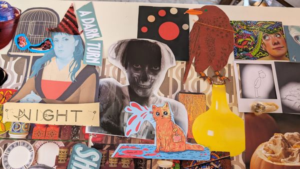 Collage with cut-outs from books and magazines, including a skeletal figure in lace, a cartoon cat, ceramic pots, the word "night", a crow, and a blue figure in a witch hat