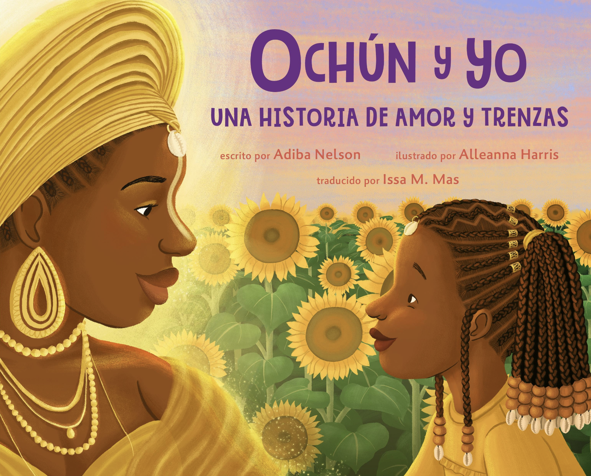 Oshún and Yadira face each other in a sunflower patch.  Oshún wears a gold gele, and Yadira wears cornrows with wooden beads.  