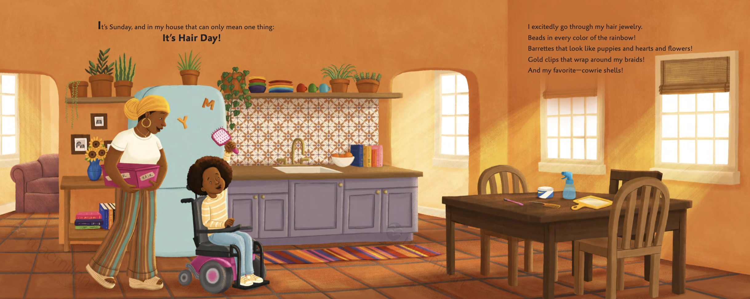 The sun shines brightly through the windows onto the wooden kitchen table with hair products and tools.
