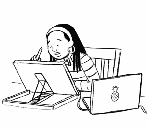 Cartoon Alleanna hard at work illustrating picture books.