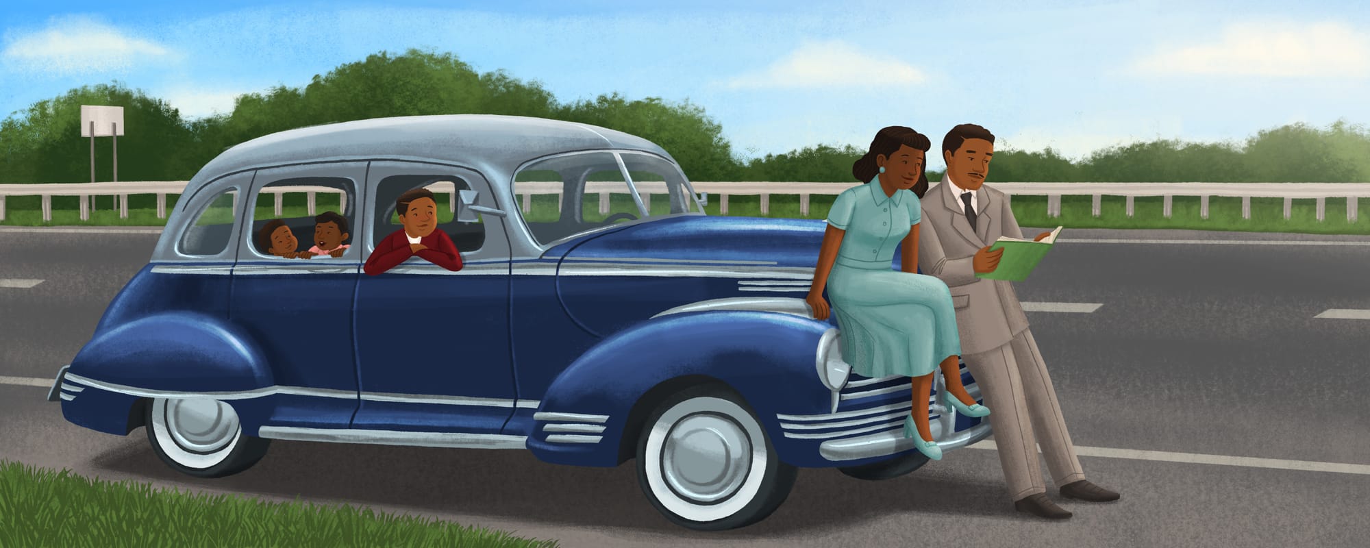 A couple reads the Green Book at the side of the road while their kids wait in the car.