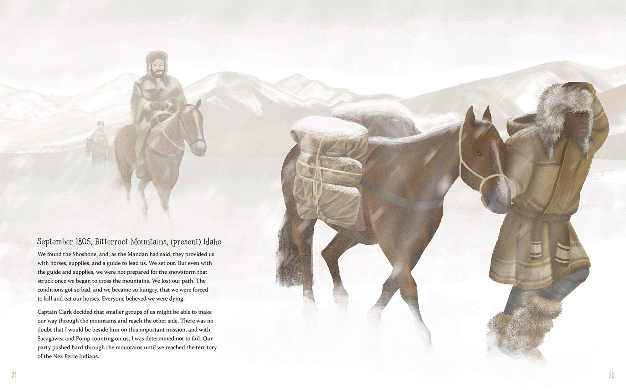 York leads the Lewis and Clark Expedition through a snowstorm in the Bitterroot Mountains in present day Idaho.