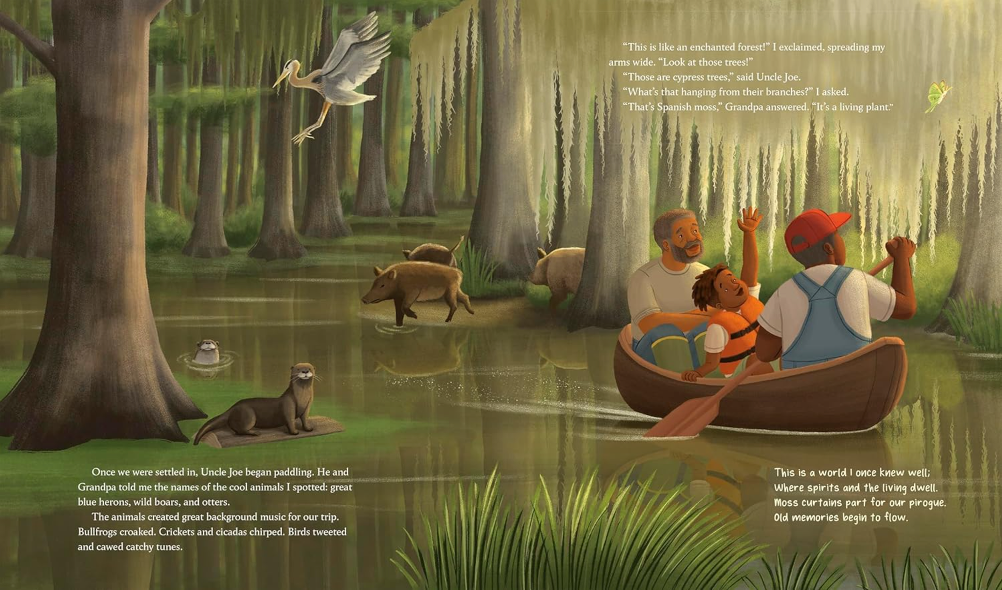 A spread from Down on the Bayou. Troy, Grandpa, and Uncle Joe sail down the bayou in a pirogue. There's also a blue heron, otters, feral hogs, and a lunar moth.