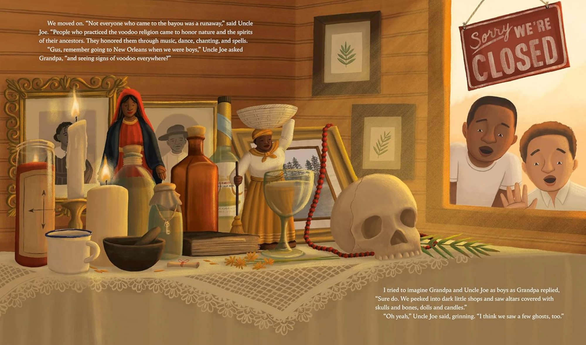 A spread from Down on the Bayou. Young Grandpa and Uncle Joe look into the window of a store and see an altar.