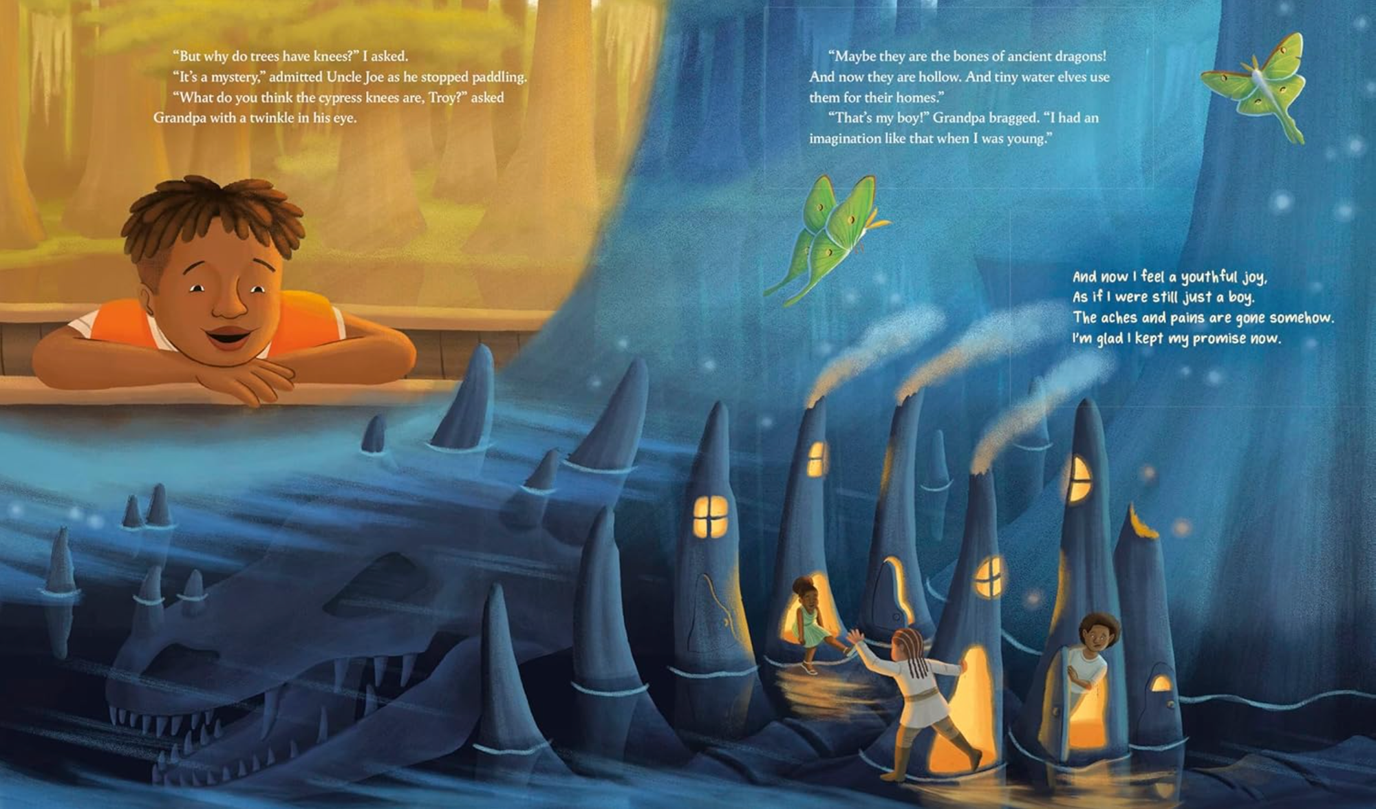 A spread from Down on the Bayou. Troy imagines what cypress knees are. He imagines dragons bones and tiny elves.