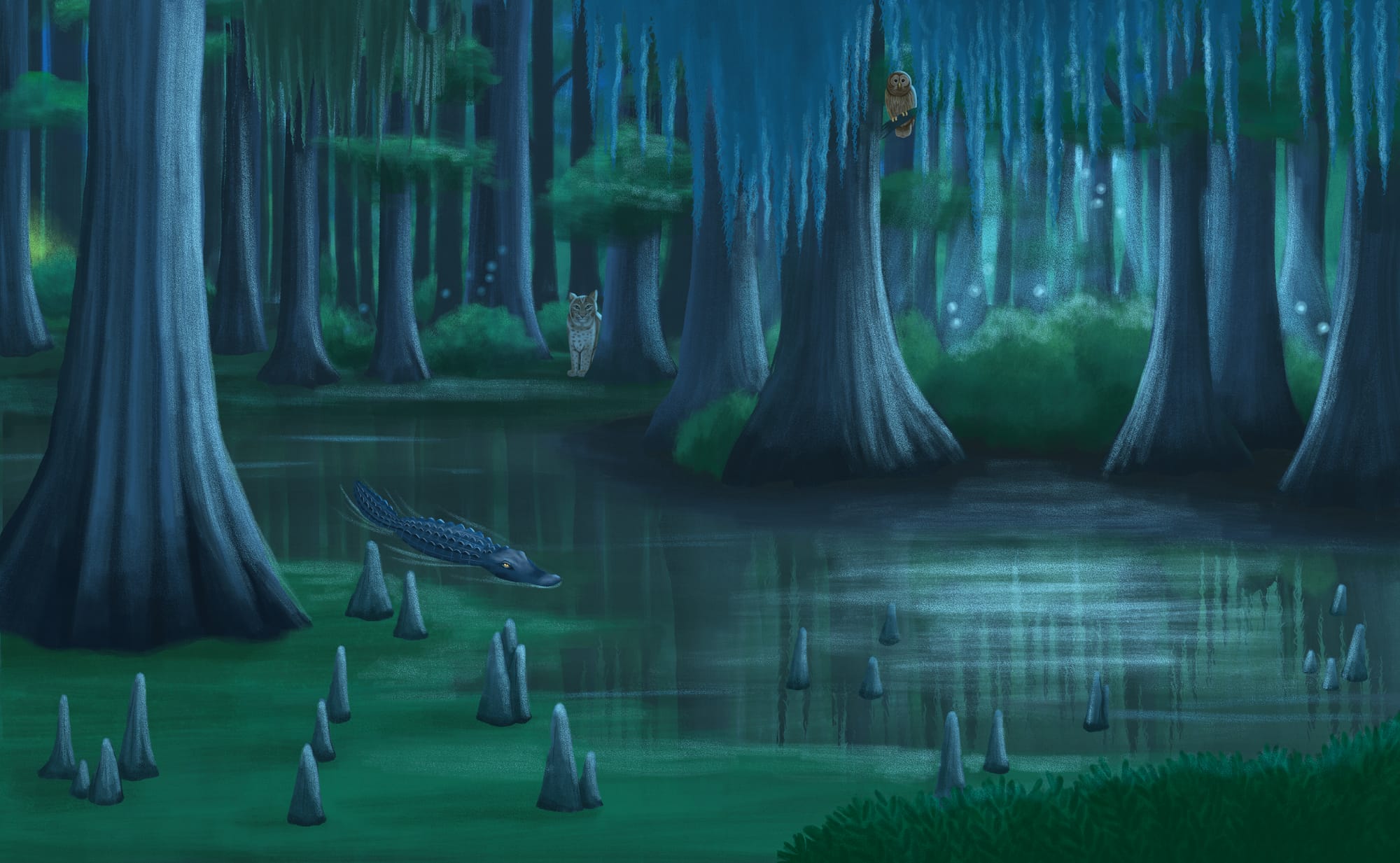 The front endpapers for Down on the Bayou. A nighttime bayou scene with moonlight filtering through the trees. There's a bobcat, gator, and owl.