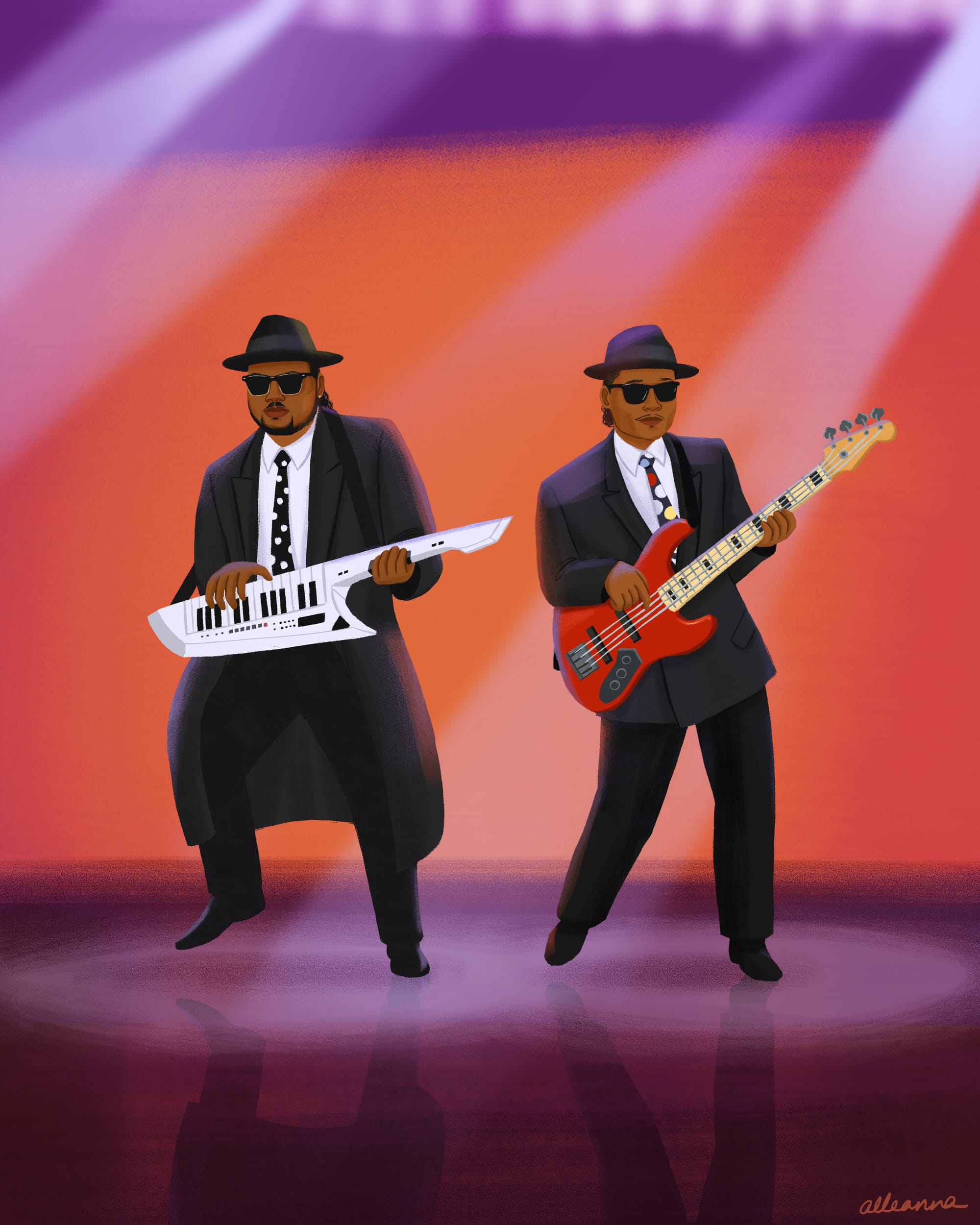 an illustration of the producing duo Jimmy Jam and Terry Lewis on stage by Alleanna Harris