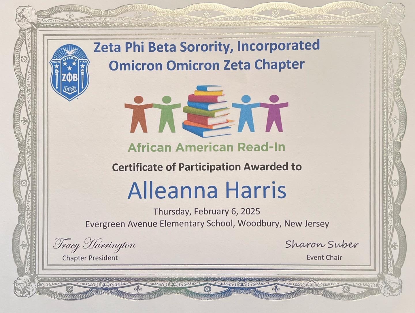 A certificate of participation for the NCTE African American Read-In, courtesy of Zeta Phi Beta.