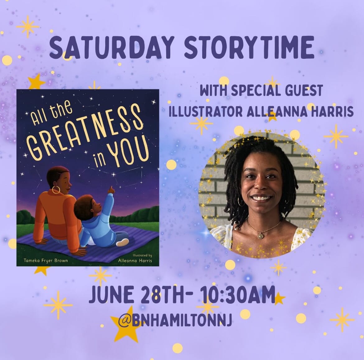 The new Saturday Storytime flyer featuring Alleanna Harris for Barnes and Noble Hamilton, NJ.
