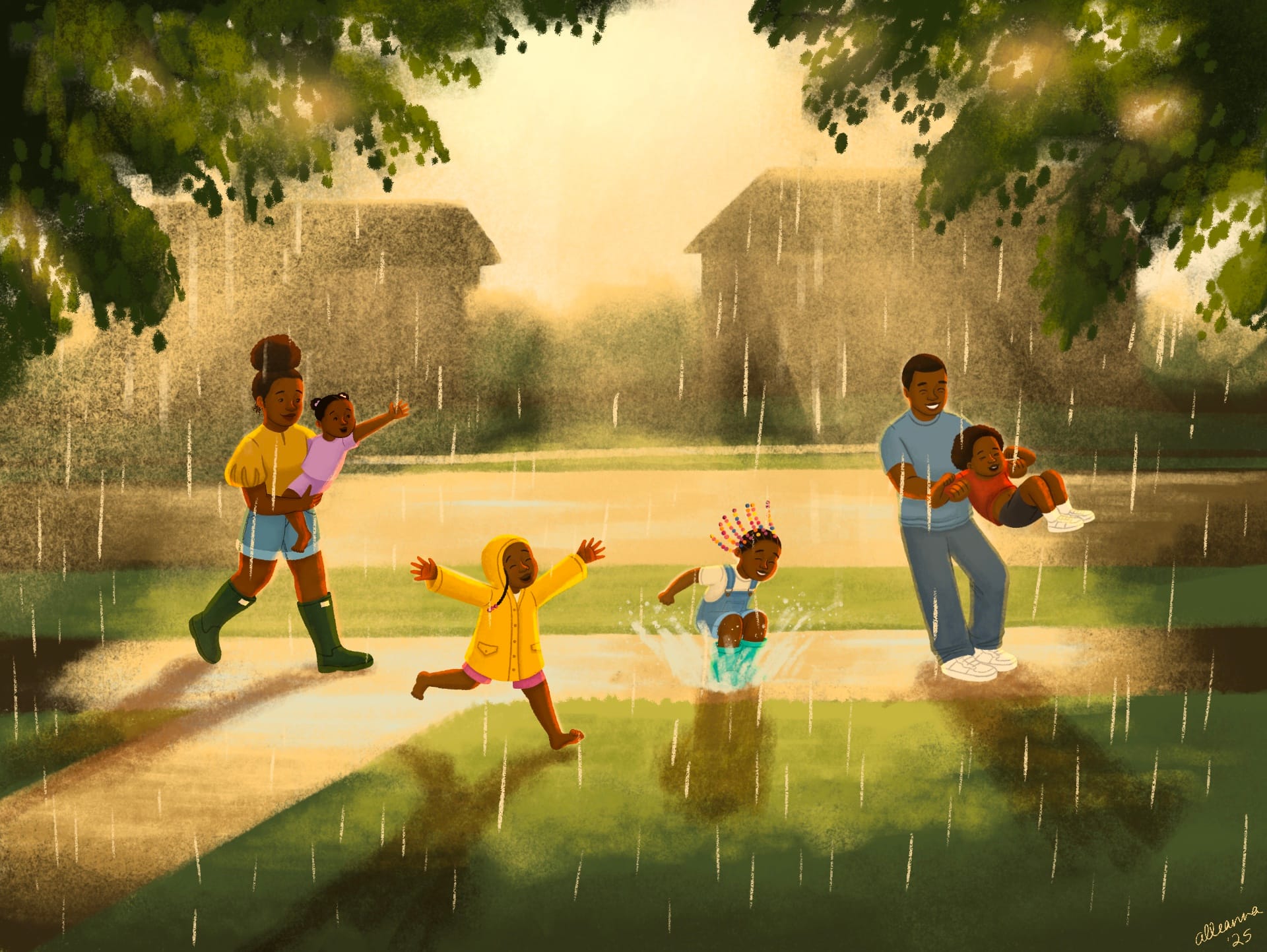 A Black family plays outside in the summer rain. Illustration by Alleanna Harris.