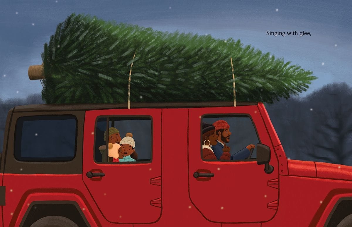 The Joneses sing Christmas carols as they drive home with their Christmas tree in their red Jeep Wrangler. From O Holy Night: A Modern Christmas Carol, written and illustrated by Alleanna Harris.