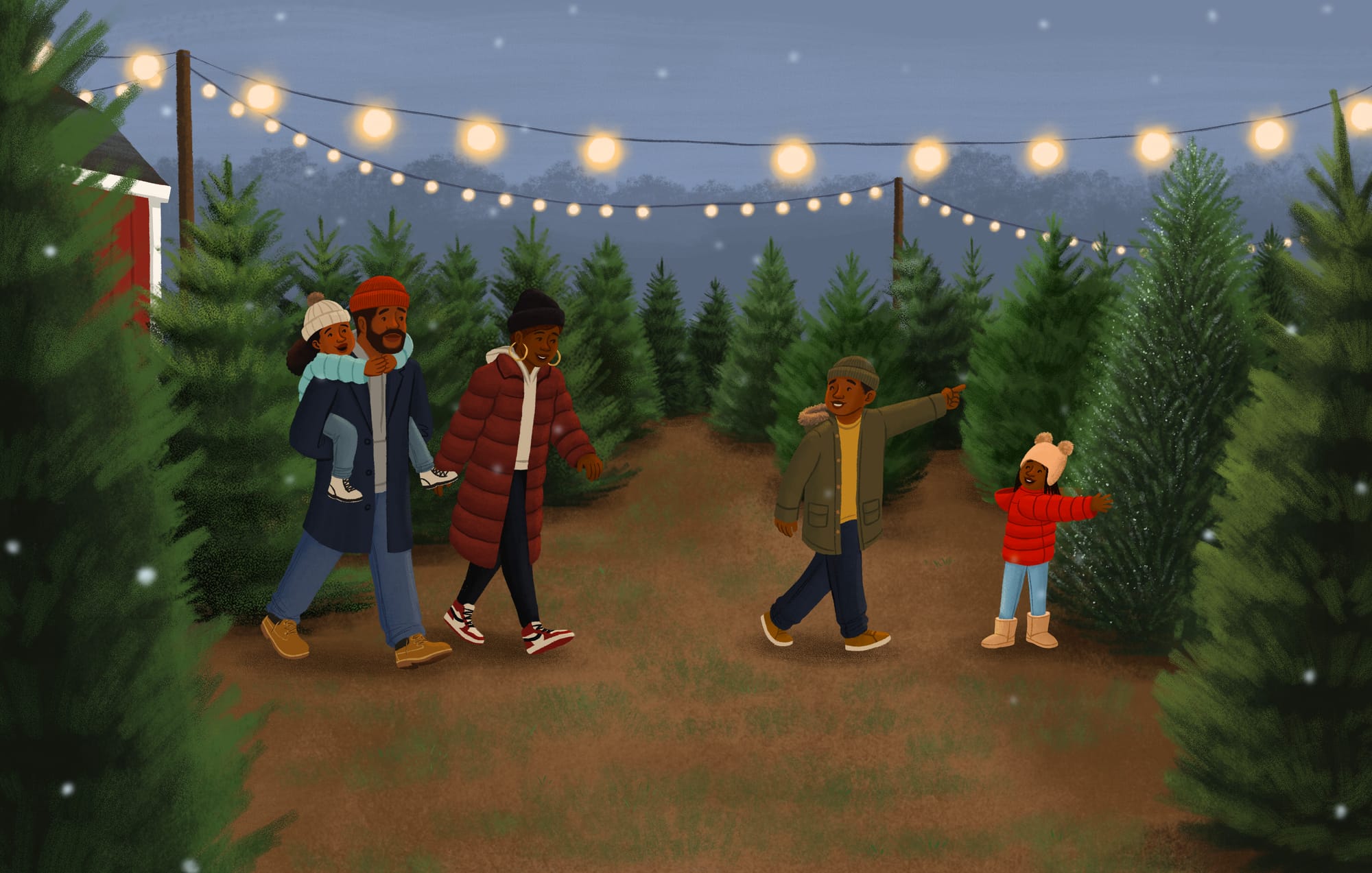 The updated Christmas tree picking scene, as seen in O Holy Night: A Modern Christmas Carol, written and illustrated by Alleanna Harris.