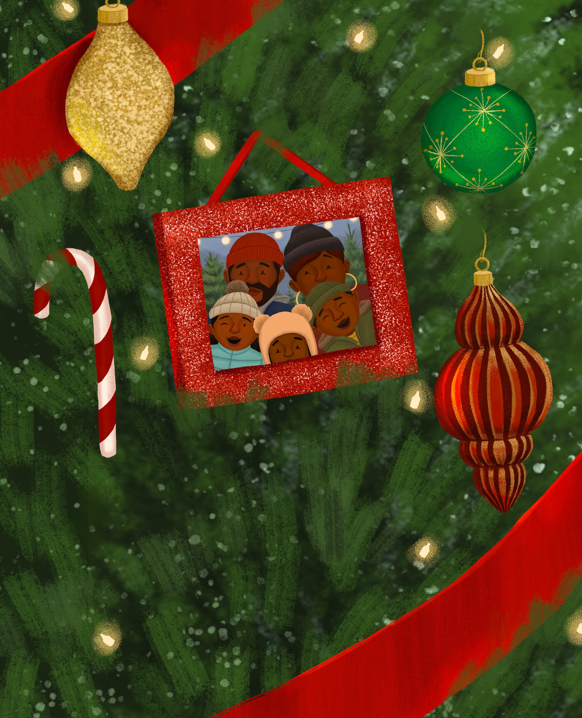 A sneak peek of O Holy Night's back cover. A homemade red, sparkly frame ornament holds a candid picture of the Jones family picking their Christmas tree.
