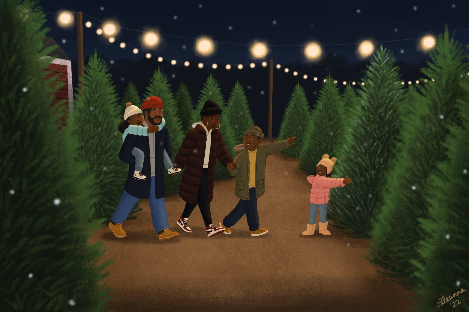 My original illustration that went viral! A Black family walks around in a Christmas tree farm and the little sister picks a tree.