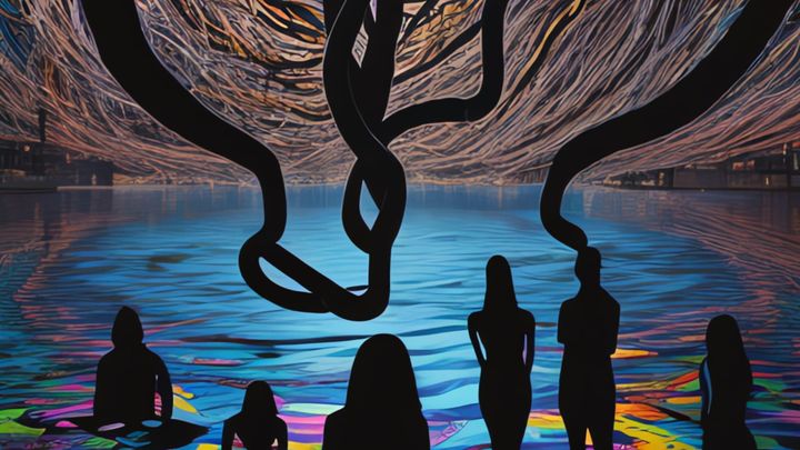 Cinematic abstract image of human silhouettes and flowing thoughts, inspired by German rap lyrics.