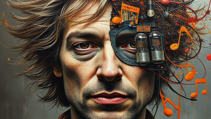 Surrealist portrait of a musician, half expressive oil painting of a man and half complex collage of a broken drum machine, symbolizing the conflict between human creativity and AI.