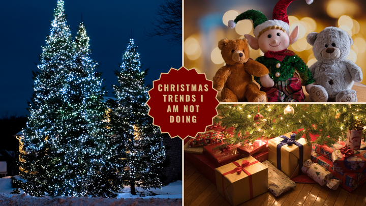 Christmas lights, elf on the shelf and presents under a tree