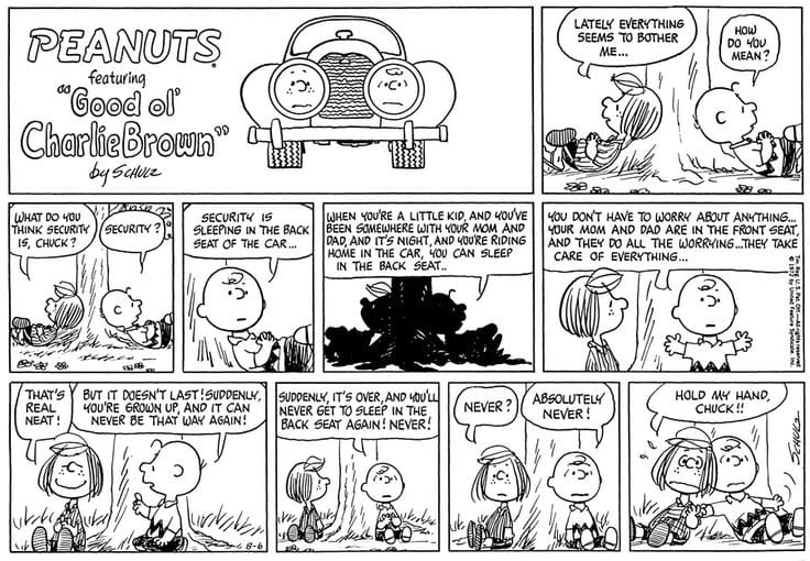 A Peanuts cartoon in which Peppermint Patty asks Charlie Brown what "security" is.