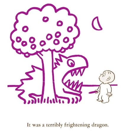 Illustration from Harold and the Purple Crayon. Harold is looking at a dragon he has drawn.