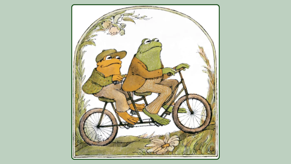 Illustration of Frog and Toad riding a bicycle built for two
