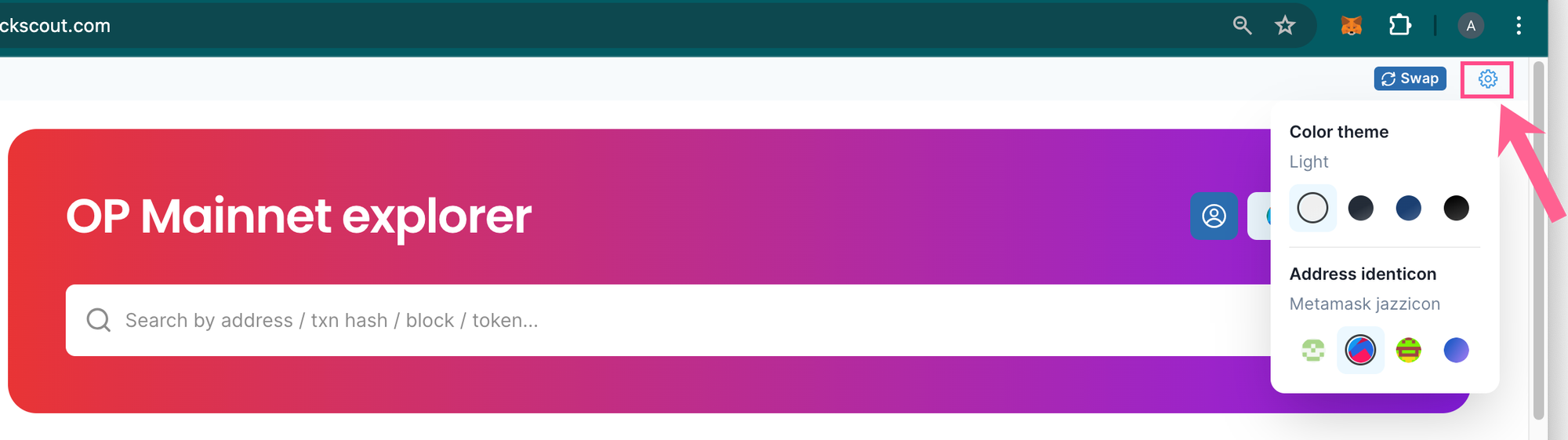 Manual color themes and address identicons for block explorer