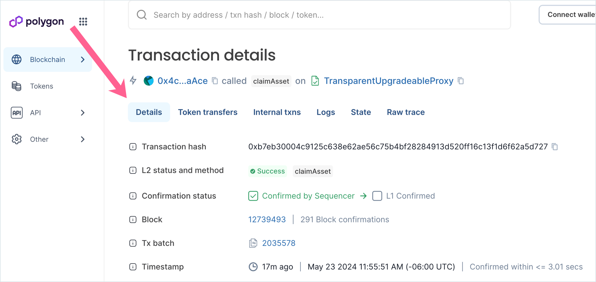 Polygon zkEVM block explorer transaction details