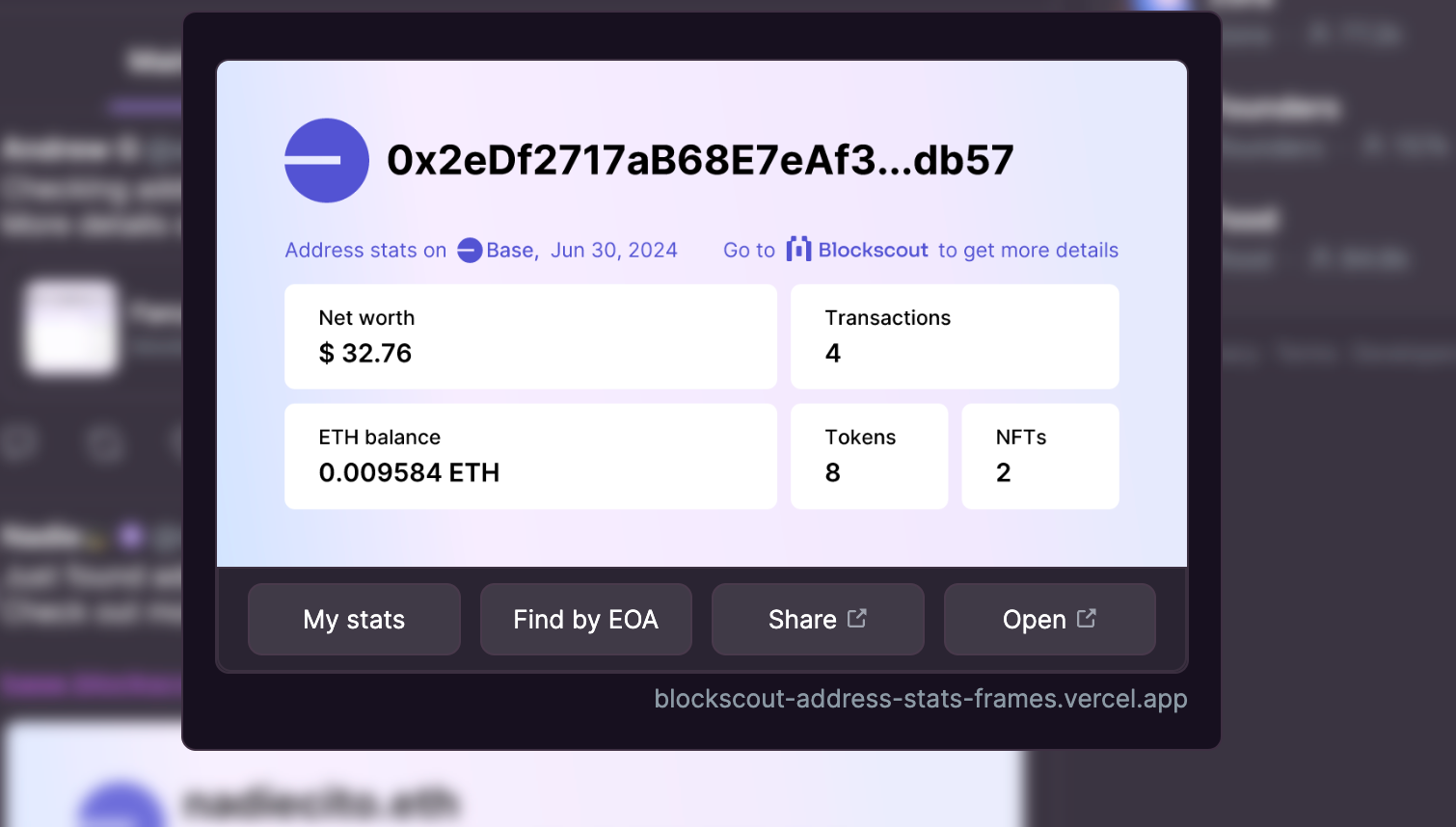 Base blockchain address display